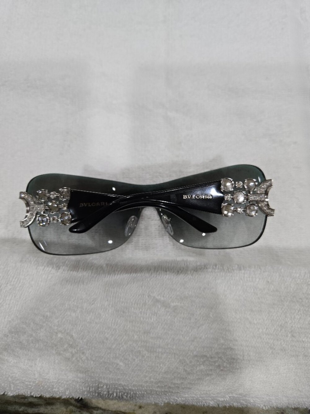 Vintage Bvlgari black wrap shield sunglass w/silver trim and Swarovski crystals